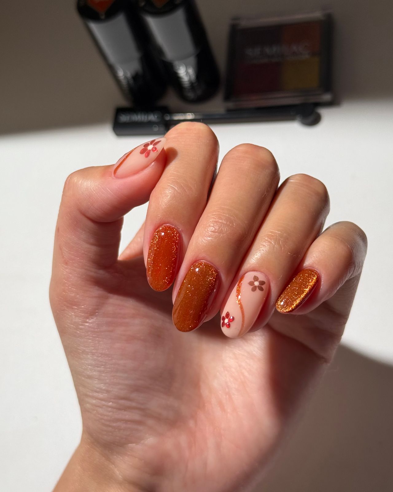 Burgundy Glitter Floral Mixed Nails Burgundy Glitter Floral Mixed Nails β Winter Nail Colors for Dark Skin