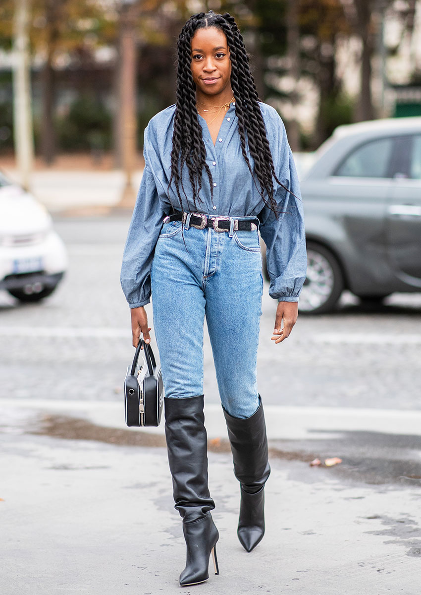 Denim Shirt with Straight Leg Jeans and Knee-High Boots Denim Shirt with Straight Leg Jeans and Knee-High Boots β Winter to Spring Transition Outfits