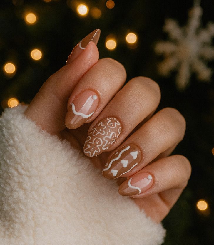 Tan Base with Winter Motifs Tan Base with Winter Motifs β Clean Girl Winter Nails