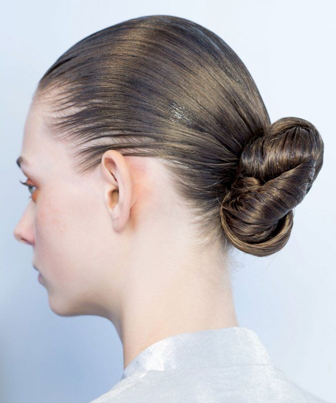 Sleek Dark Brown Bun With Wet Look Sleek Dark Brown Bun With Wet Look β Winter Bun Hairstyles