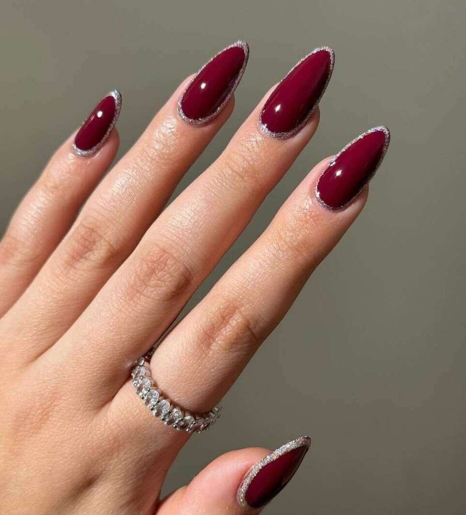 Deep Burgundy with Silver Glitter Outline Deep Burgundy with Silver Glitter Outline β Winter Red Nails