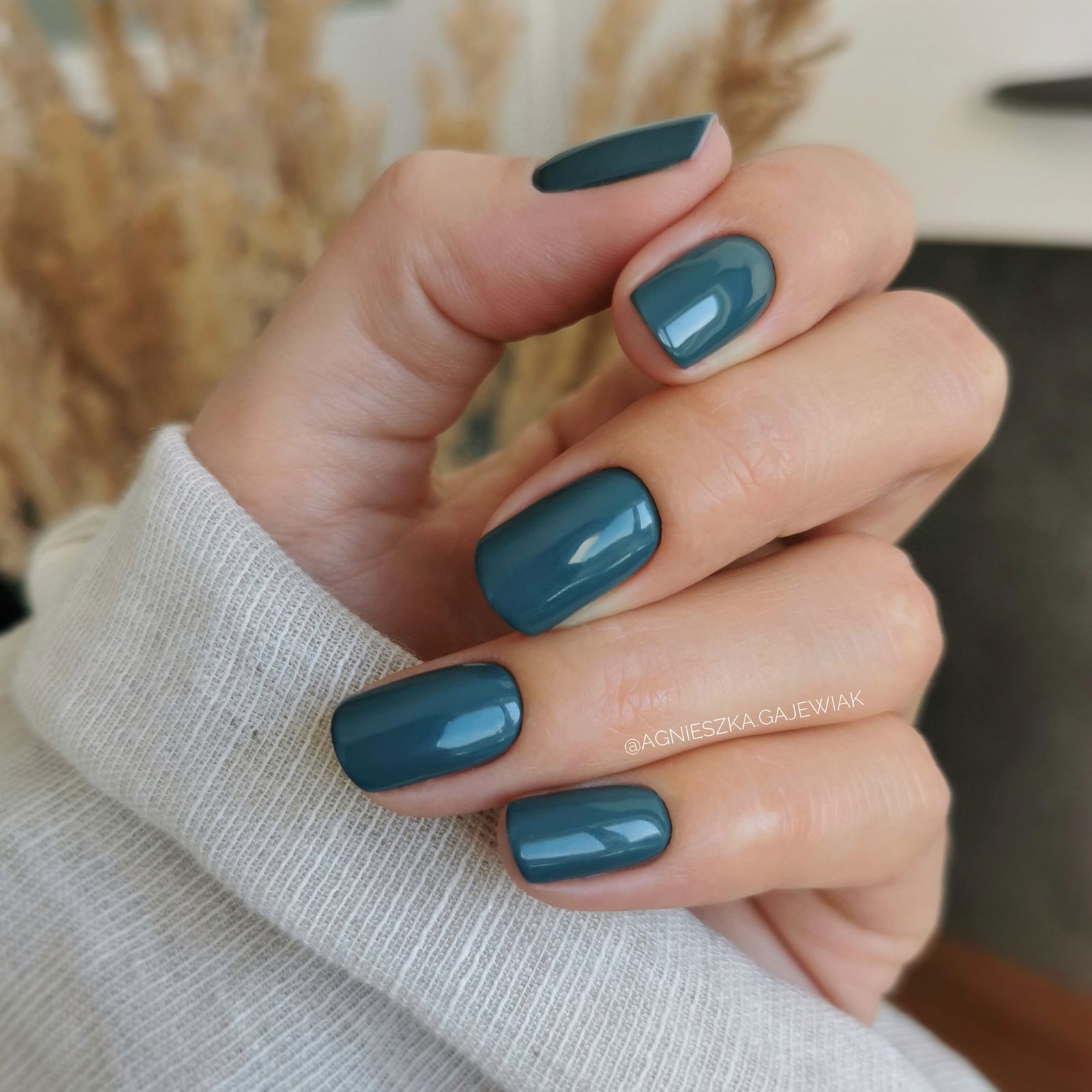 Muted Teal Glossy Short Square Nails — Cozy Winter Nails