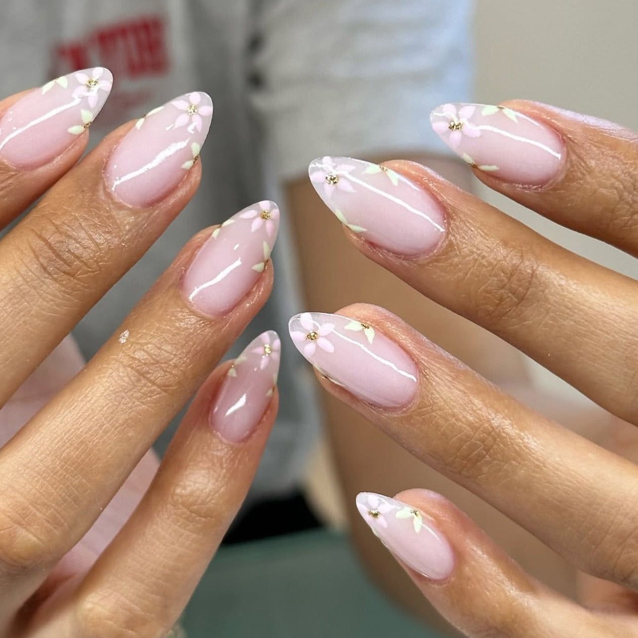 Sheer Pink Delicate Florals with Gold Dots Sheer Pink Delicate Florals with Gold Dots β Winter to Spring Transition Nails