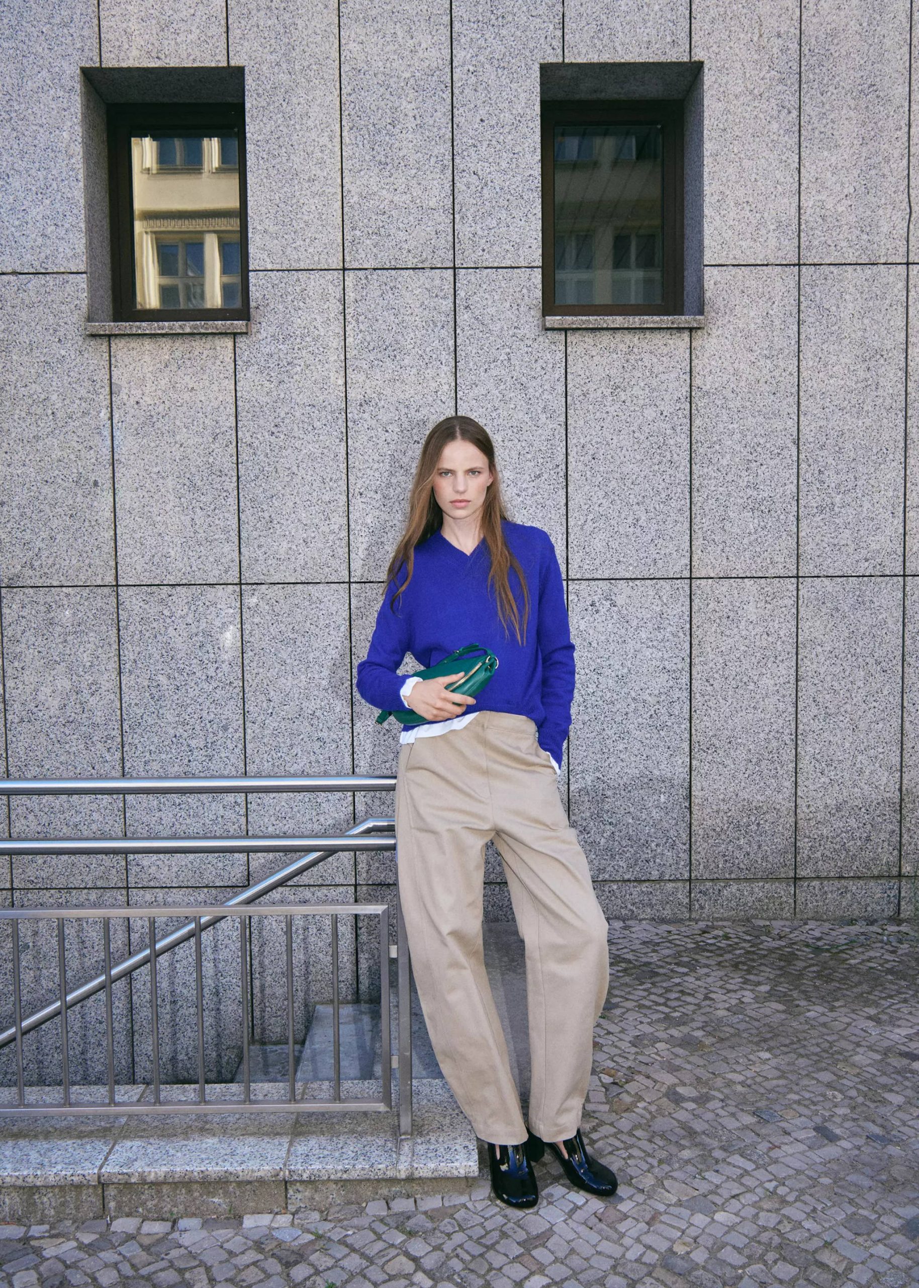 Royal Blue Sweater with Collared Shirt and Beige Trousers — Winter Capsule Wardrobe
