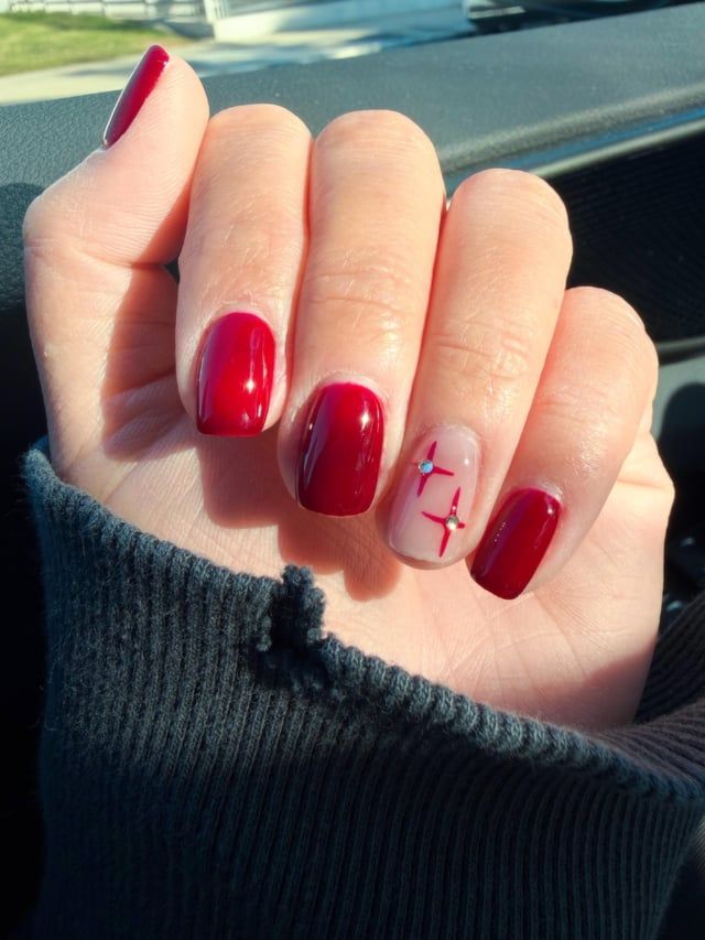 Deep Red Stars Rhinestone Nails Deep Red Stars Rhinestone Nails β Simple Short Christmas Nails 2026