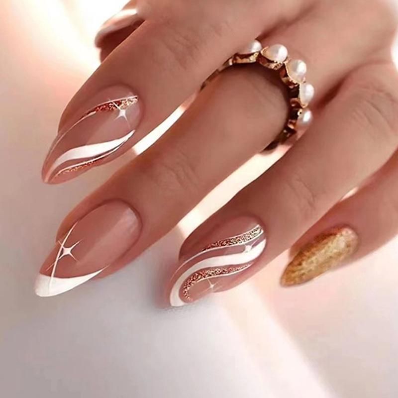 Gold Glitter Swirl Long Almond Nails — New Years Almond Nails 2027