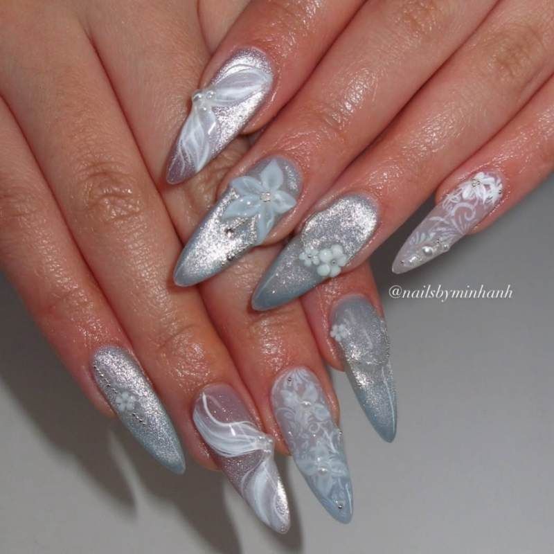 Light Blue Silver Swirl 3D Floral Stiletto Nails Light Blue Silver Swirl 3D Floral Stiletto Nails β Sparkly Winter Nails