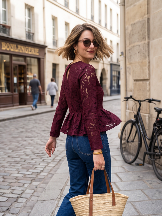 Burgundy Lace Peplum Top with Blue Denim Jeans for Daytime Casual Burgundy Lace Peplum Top with Blue Denim Jeans for Daytime Casual β Burgundy Outfits