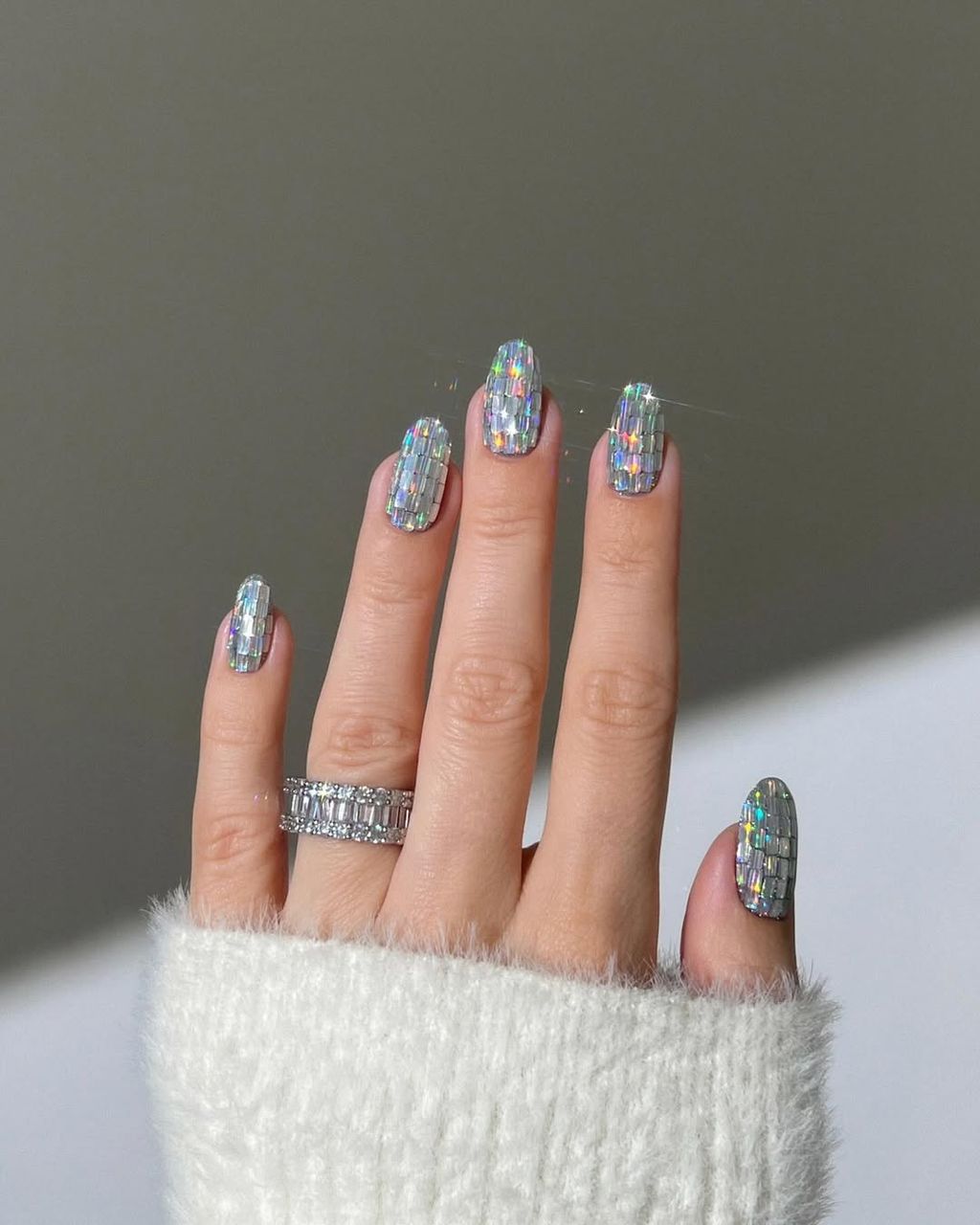 Silver Holographic Mosaic Oval Nails Silver Holographic Mosaic Oval Nails โ Winter Formal Nails