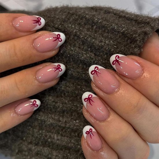 Burgundy Bow French Tip Nails — Winter Nails for Kids