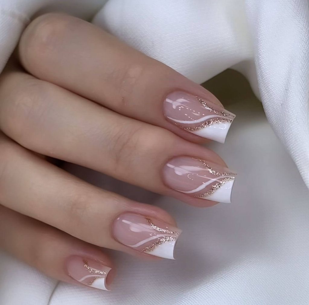 Wavy Gold Glitter Square French Tips Wavy Gold Glitter Square French Tips β Winter French Tip Nails