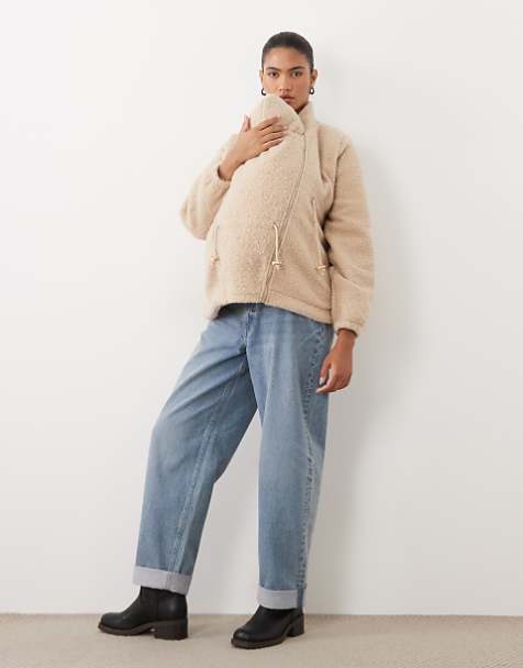 Beige Fleece Jacket Over Denim Shirt and Jeans Beige Fleece Jacket Over Denim Shirt and Jeans β Winter Maternity Outfits