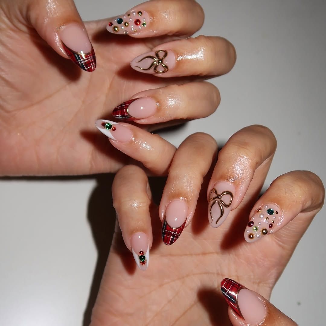 Plaid Pattern and Bow Stilettos — Cute Christmas Nails 2026