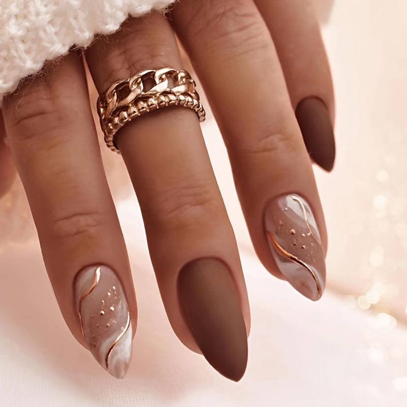 Matte Chocolate Brown Marble Almonds Matte Chocolate Brown Marble Almonds โ Winter Almond Nails
