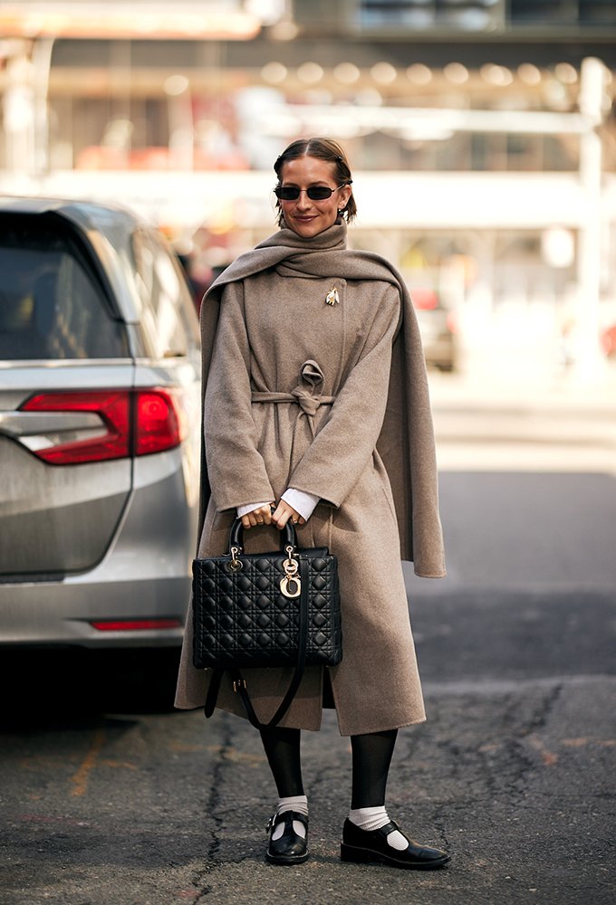 Beige Wrap Coat with Draped Scarf for Elegant Winter Style — NYC Winter Outfits