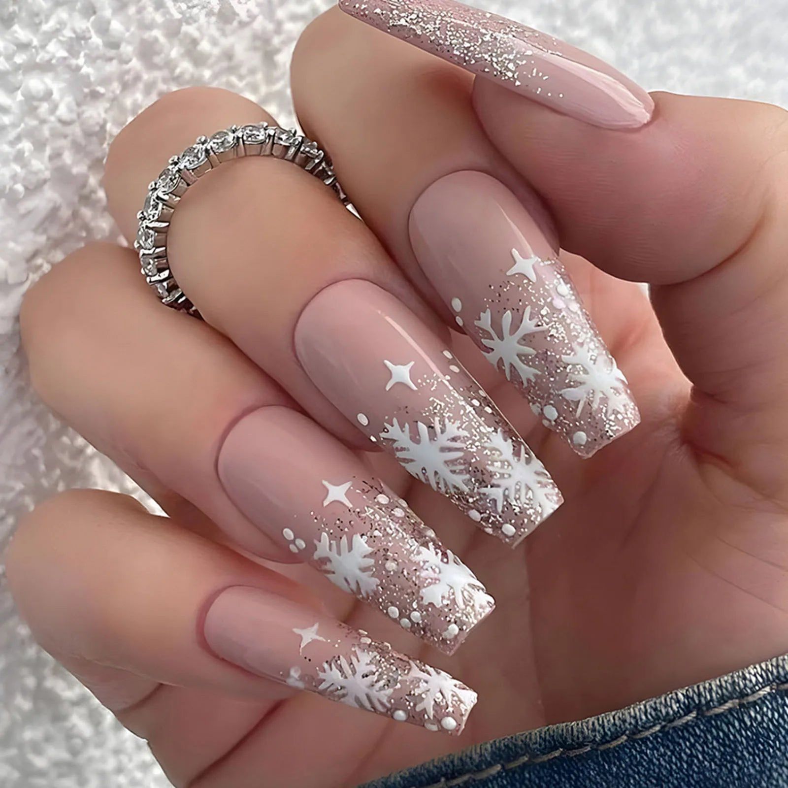 Nude Pink Snowflake Glitter Coffin Nails Nude Pink Snowflake Glitter Coffin Nails β Winter Party Nails
