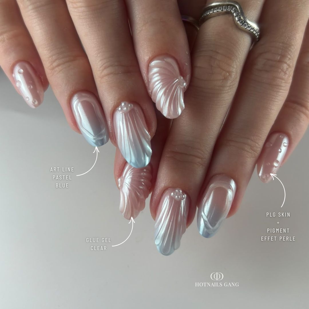 Pearlescent White Blue Undertone Shell Nails — Winter Pearl Nails