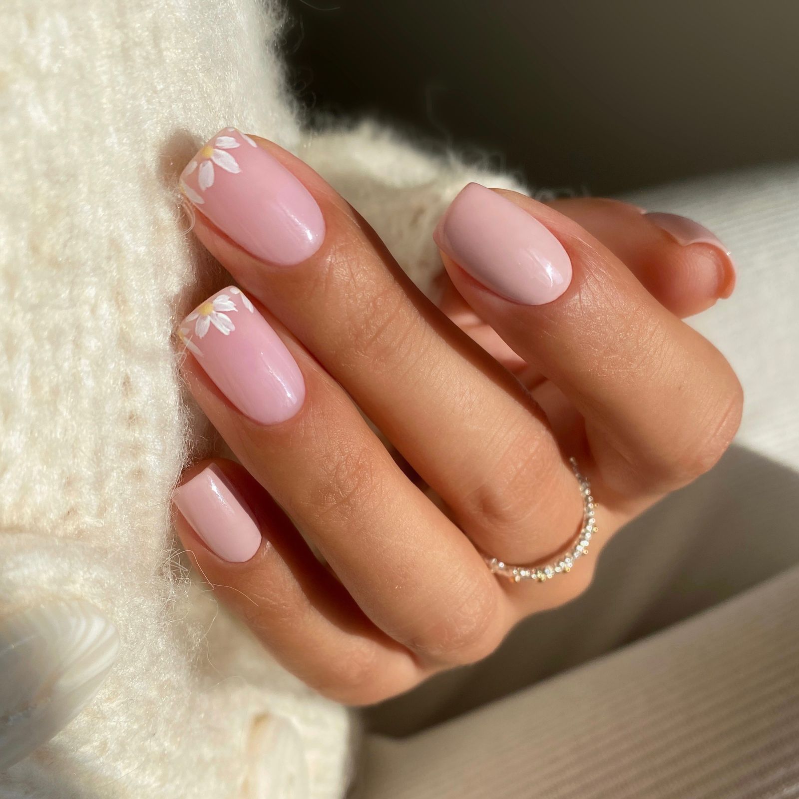 Floral Accents on Pale Pink French Tips Floral Accents on Pale Pink French Tips β Winter Wedding Guest Nails