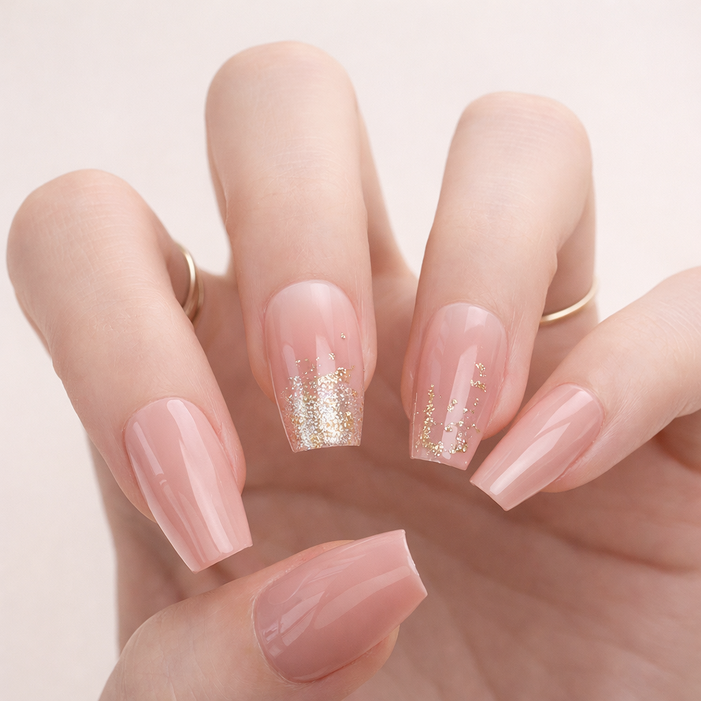 Nude Pink Gold Glitter Tip Coffin Nails Nude Pink Gold Glitter Tip Coffin Nails β Sparkly New Years Nails 2027