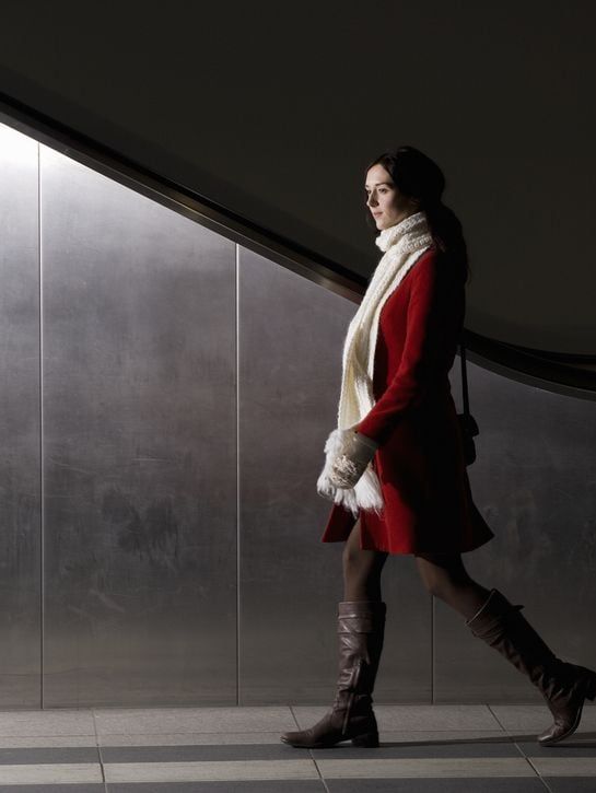 Brown Leather Mid-Calf Boots with Red Coat and Cream Accessories — Brown Boots Outfits