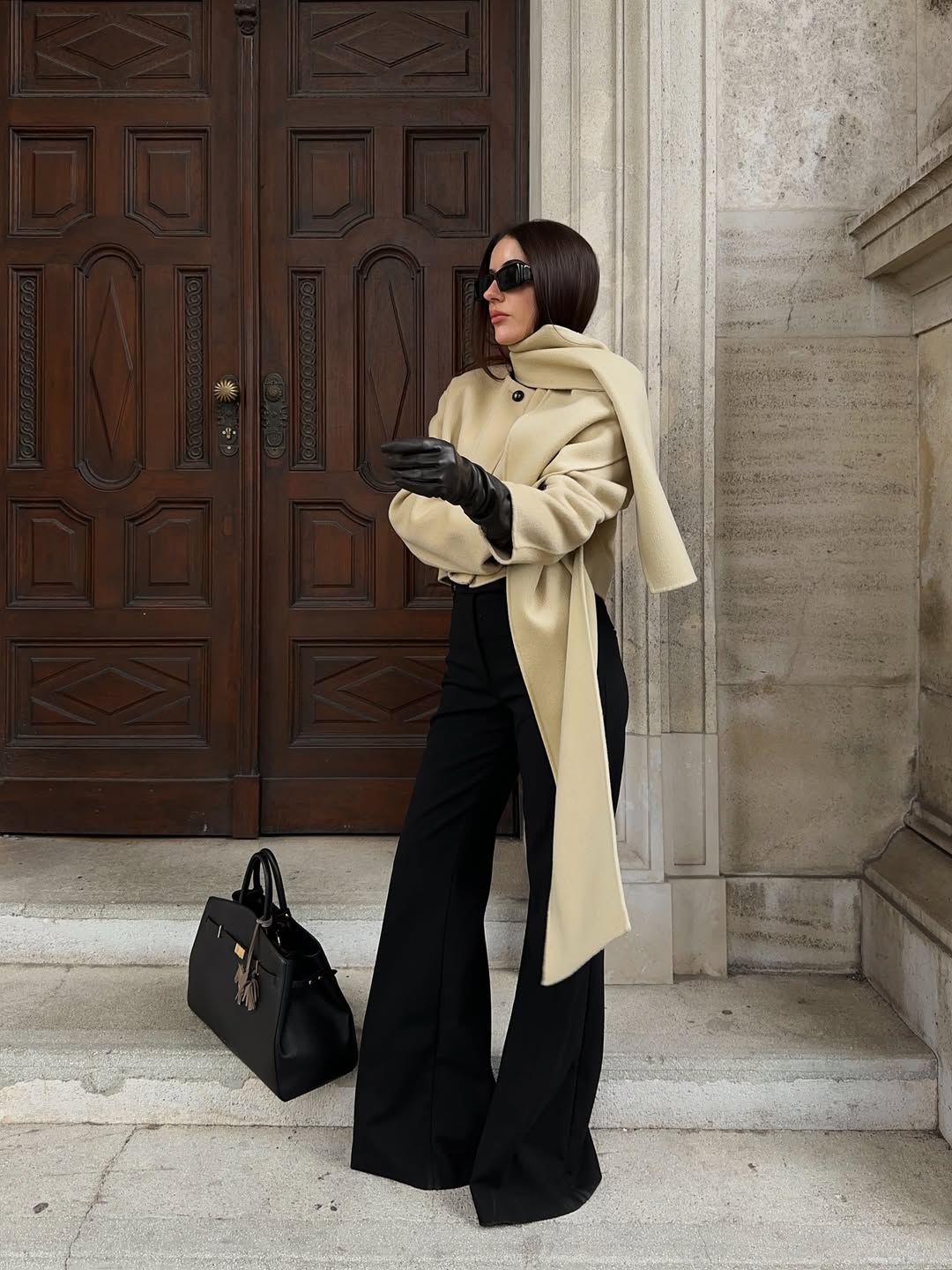 Wrap Coat with Dramatic Scarf for Elegant Travel — Winter Travel Outfits