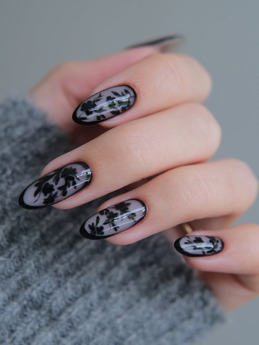 Black Floral Pattern Over Sheer Base Visual Idea Black Floral Pattern Over Sheer Base Visual Idea β Everyday Winter Nails