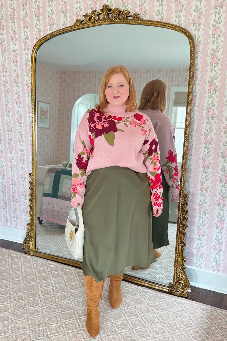 Floral Print Sweater with Satin A-Line Skirt Floral Print Sweater with Satin A-Line Skirt β Winter Outfits for Plus Size Women