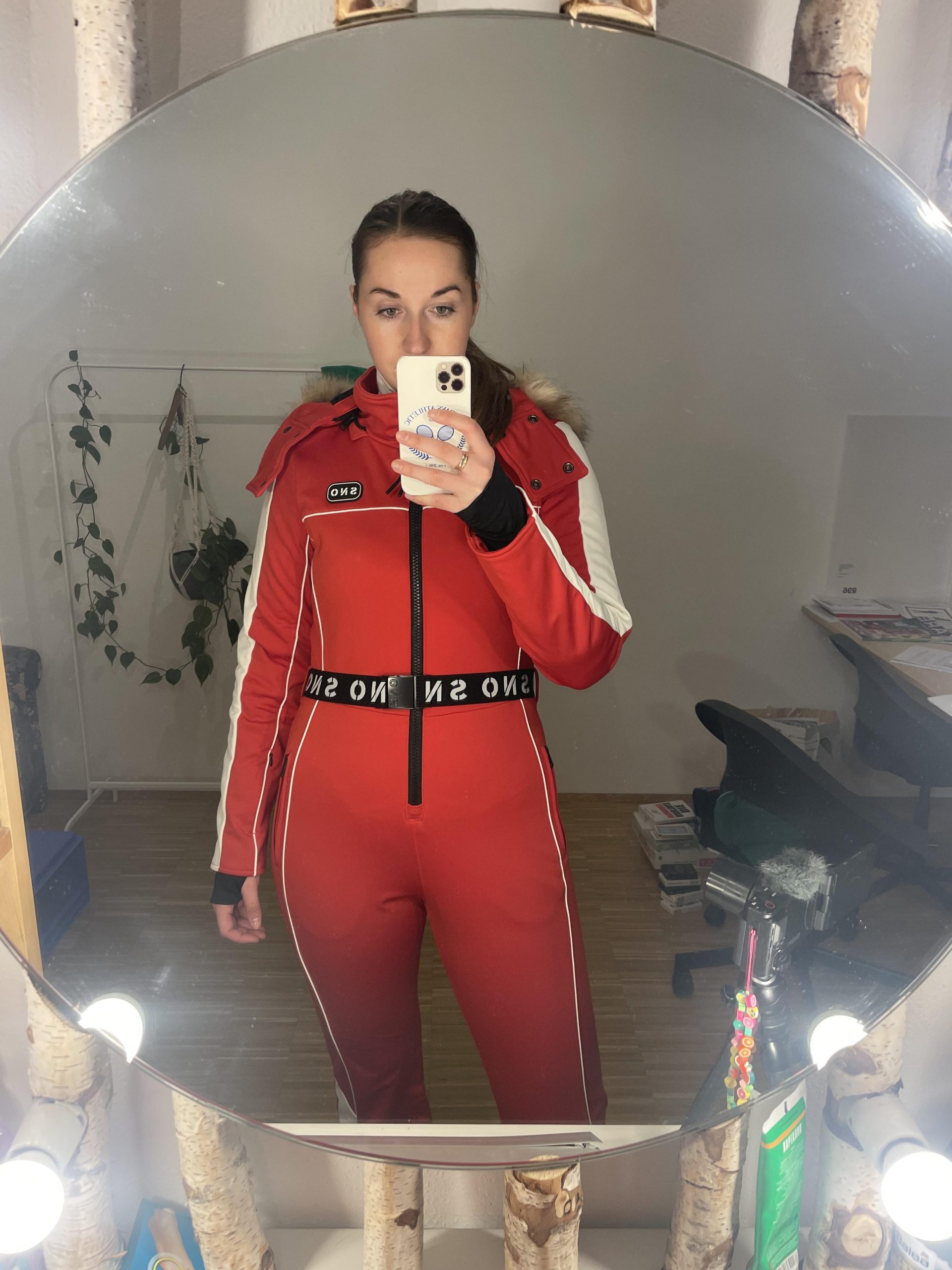 Fiery Red Ski Suit with Fur-Trimmed Hood and Belt Fiery Red Ski Suit with Fur-Trimmed Hood and Belt β Ski Outfits