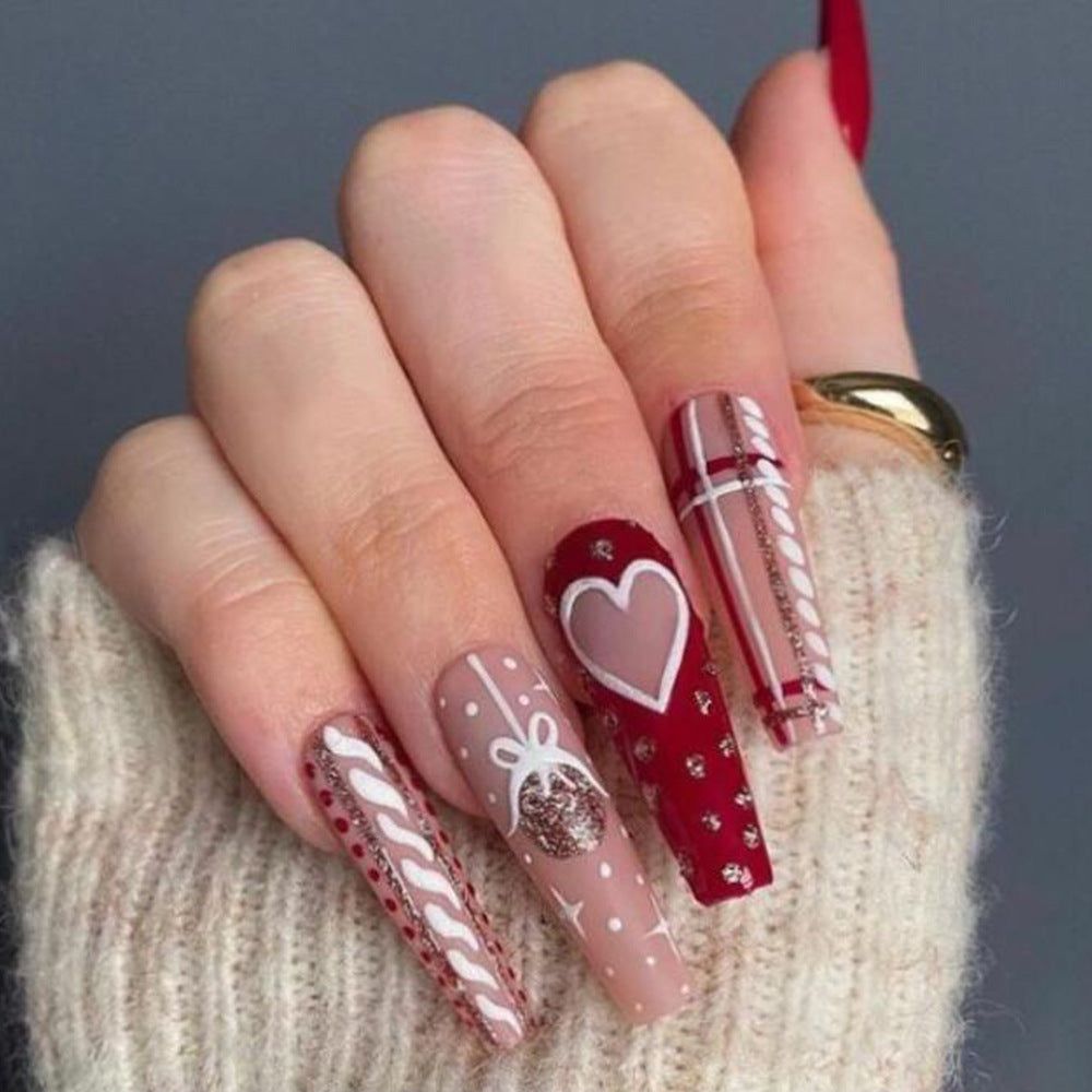 Nude Red Christmas Patterns Coffin — Long Christmas Nails 2026