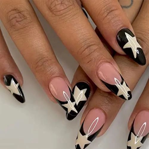 Sheer Pink Black French Star Almond Sheer Pink Black French Star Almond β Long Winter Nails