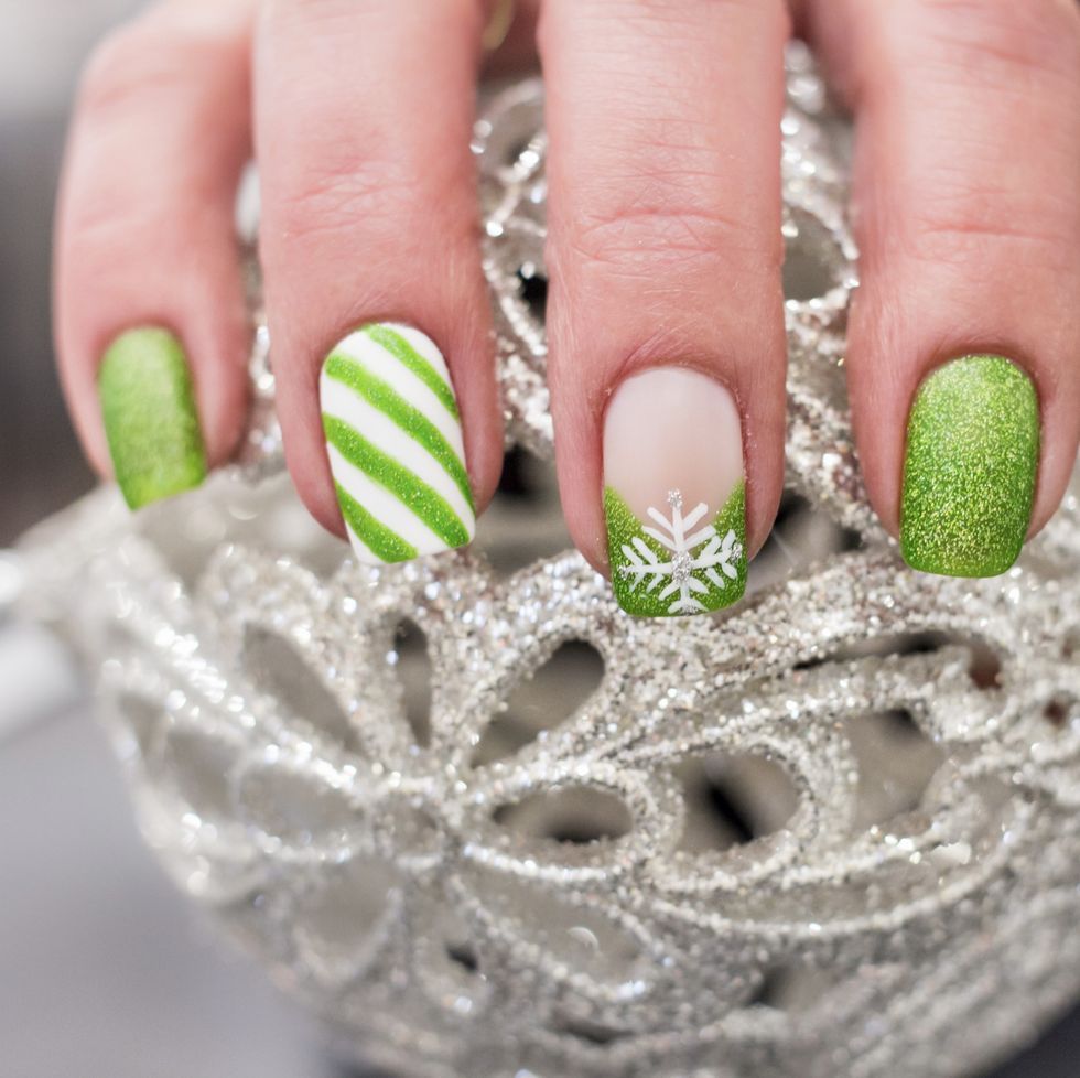 Bright Green Glitter Snowflake Stripes Bright Green Glitter Snowflake Stripes β Green Christmas Nails 2026