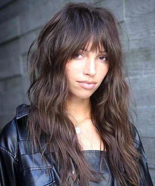 Front View Mid-Back Dark Brown Shag With Full Fringe Front View Mid-Back Dark Brown Shag With Full Fringe β Winter Shag Haircuts