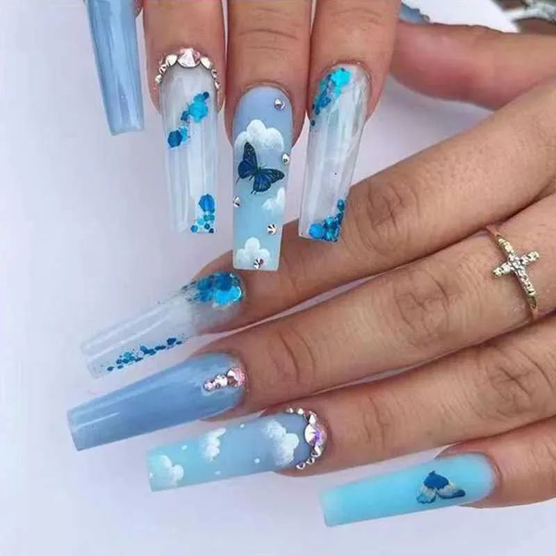 Light Blue Cloud Butterfly Coffin Nails Light Blue Cloud Butterfly Coffin Nails β New Years Coffin Nails 2027