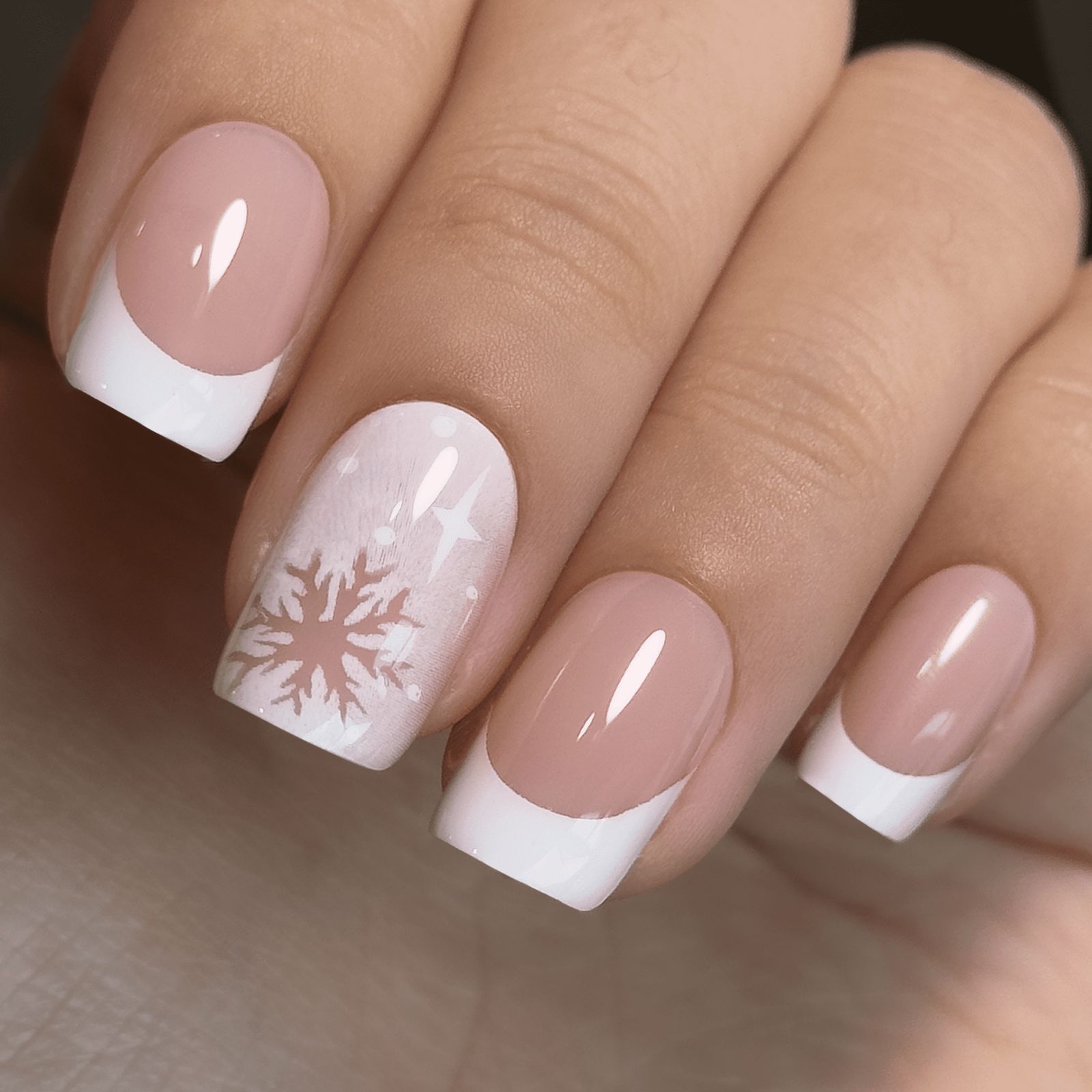Nude French with Winter Snowflake Accent Nude French with Winter Snowflake Accent β Winter Squoval Nails