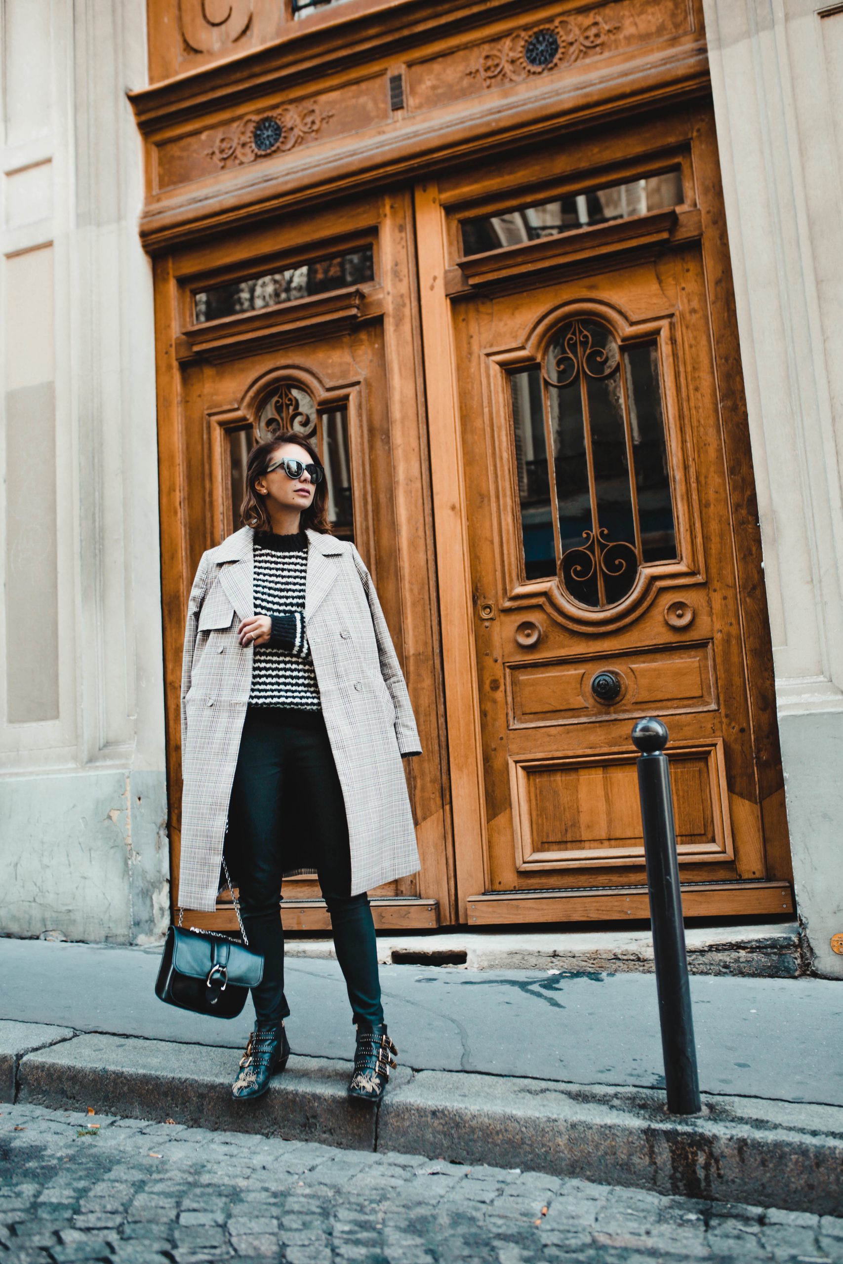 Beige Houndstooth Coat over Stripes and Leather Trousers Beige Houndstooth Coat over Stripes and Leather Trousers β Paris Winter Outfits