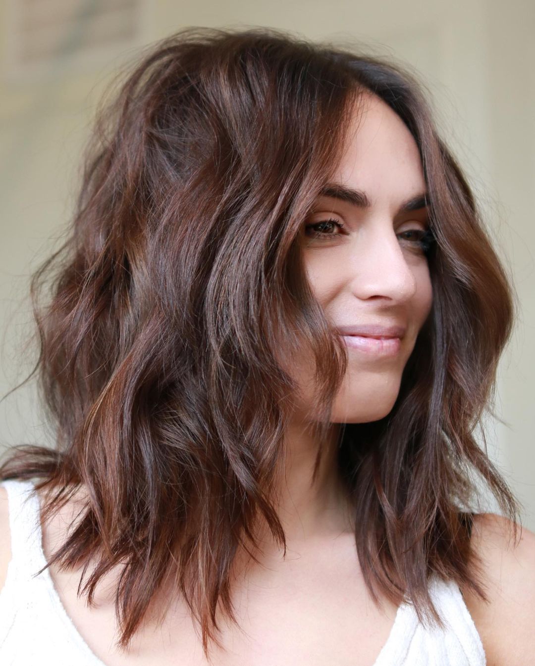 Dark Brown Lob With Curtain Bangs — Winter Hairstyles for Thick Hair