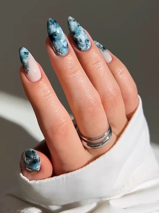 Deep Blue Stiletto with Silver Marble — Winter Marble Nails