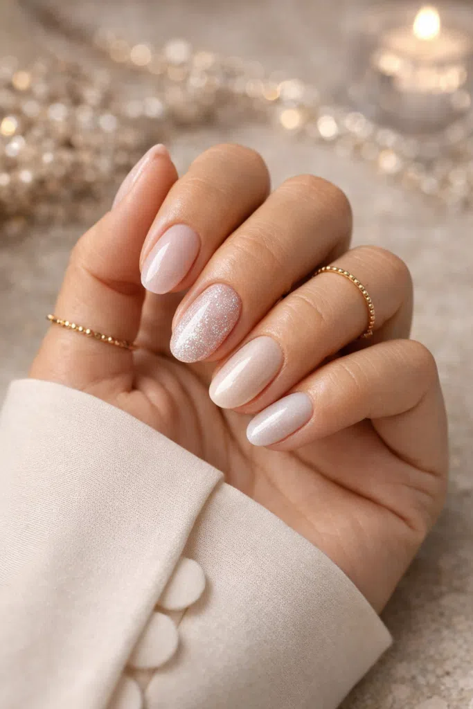 Pale Nude Gloss with Champagne Shimmer Accent Pale Nude Gloss with Champagne Shimmer Accent β Everyday Winter Nails