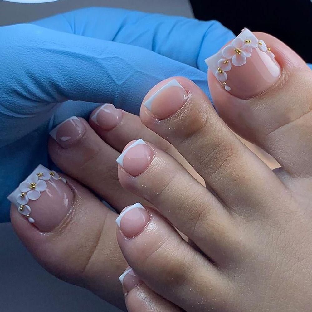 Nude French with Floral Art — Winter Toe Nails