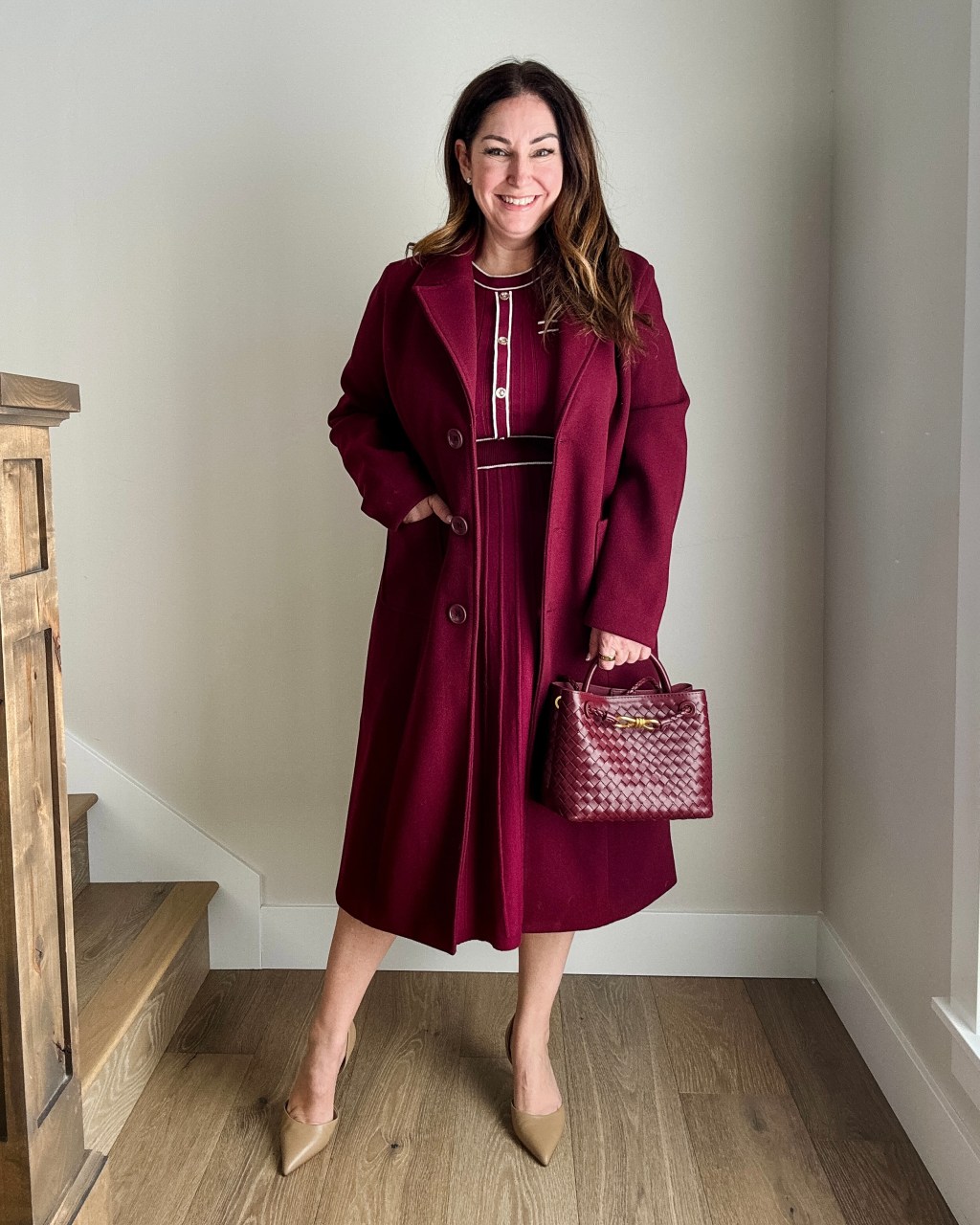 Burgundy Wool Coat Over Knit Dress Burgundy Wool Coat Over Knit Dress β Winter to Spring Transition Outfits