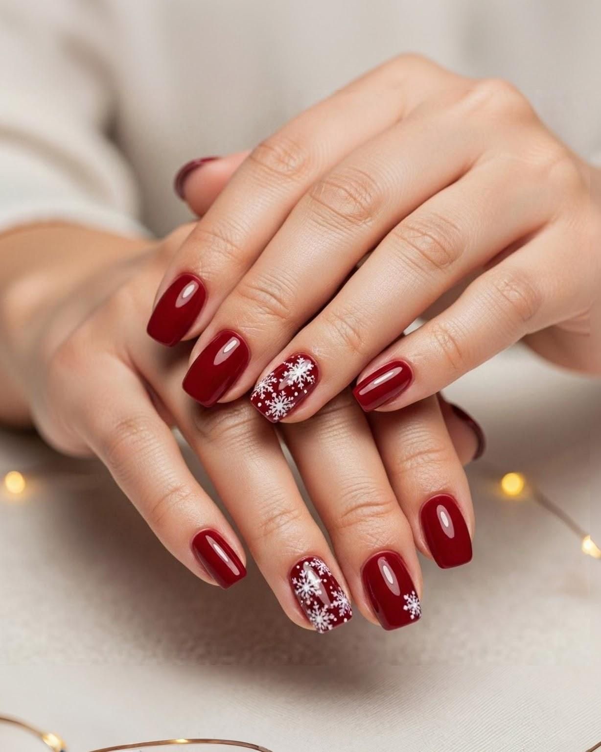 Deep Red Snowflake Square Nails — Christmas Nails for Women Over 50 2026