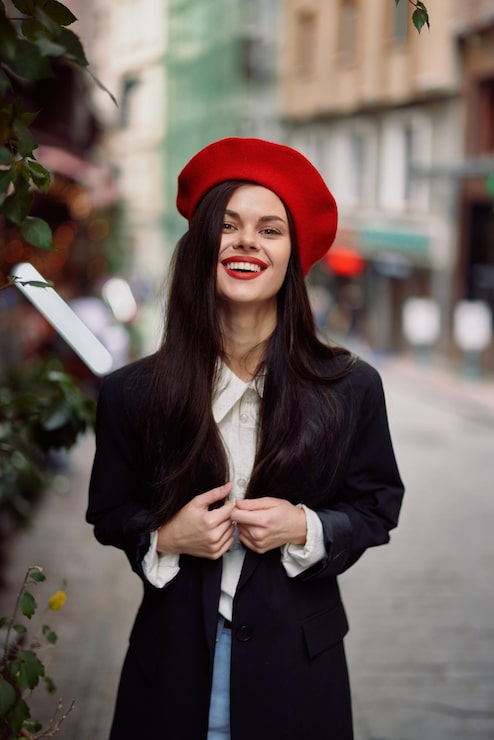 Vibrant Red Wool Beret Tops a Smart Casual Black and White Combination Vibrant Red Wool Beret Tops a Smart Casual Black and White Combination β Beret Outfits