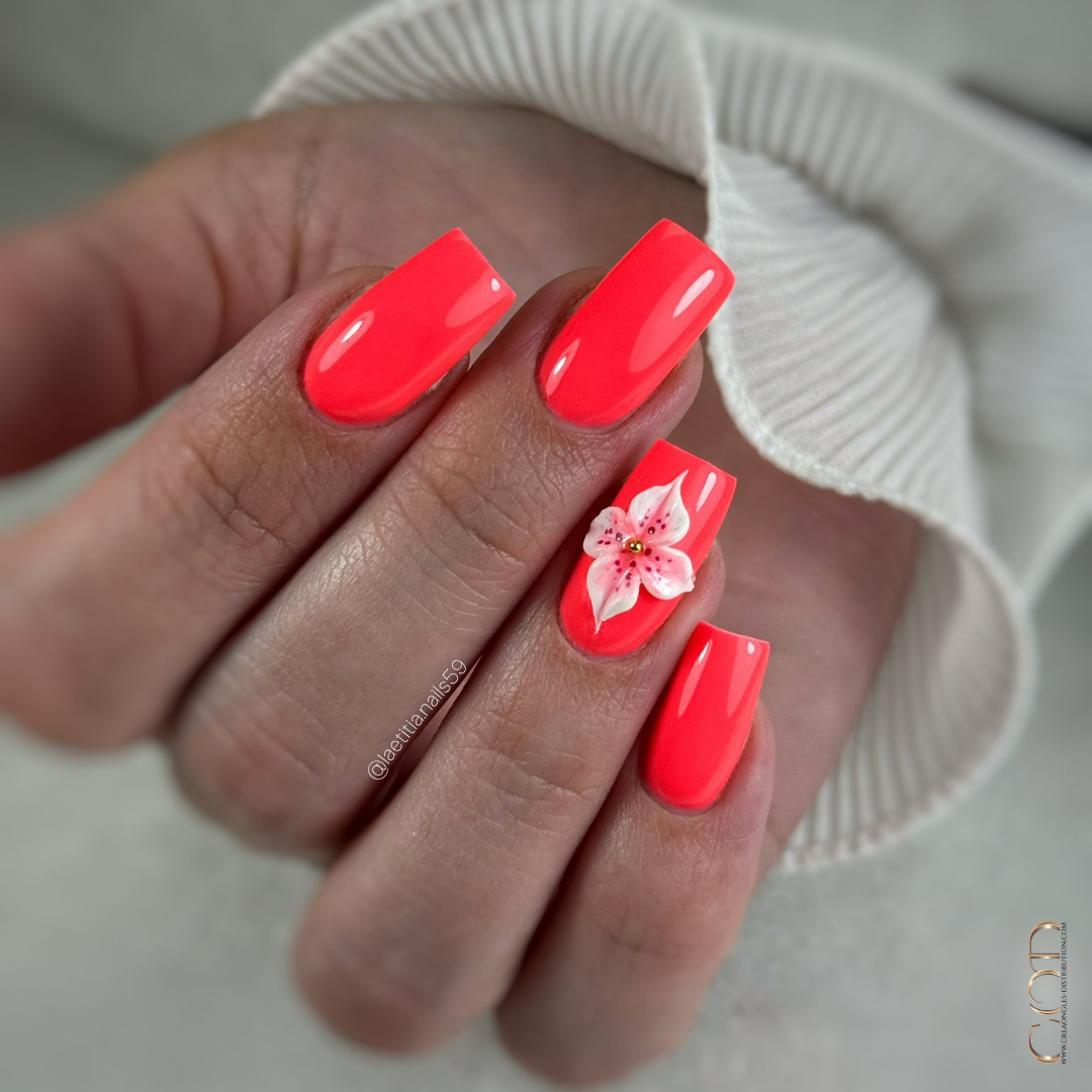 Neon Coral Medium Square with 3D Flower — Holiday Nail Colors 2026