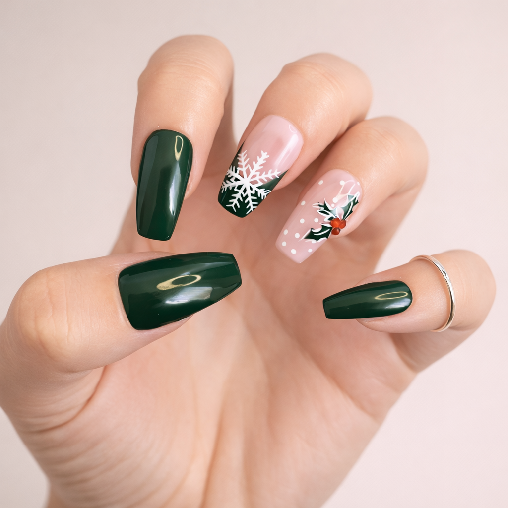 Deep Green Snowflake Holly Medium Square Nails Deep Green Snowflake Holly Medium Square Nails β Christmas Nails for Work 2026
