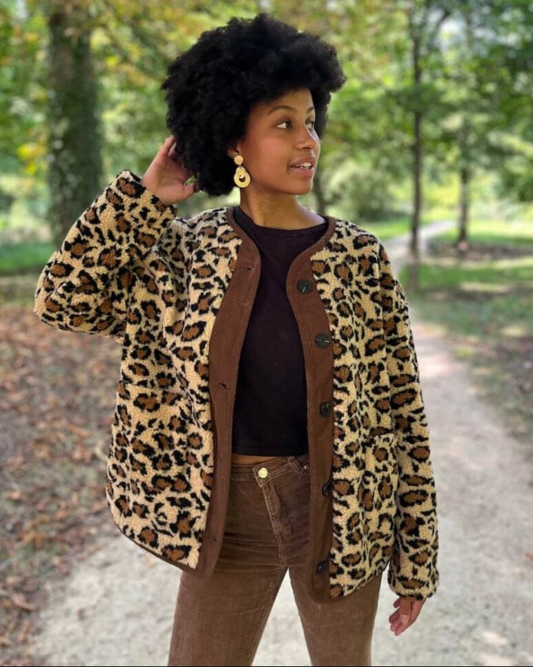 Textured Leopard Fleece Jacket with Corduroy — Leopard Coat Outfits