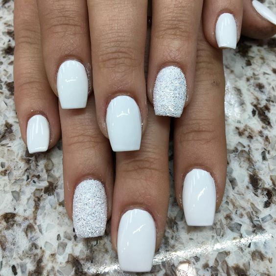 White with Silver Glitter Accents White with Silver Glitter Accents β Winter White Nails