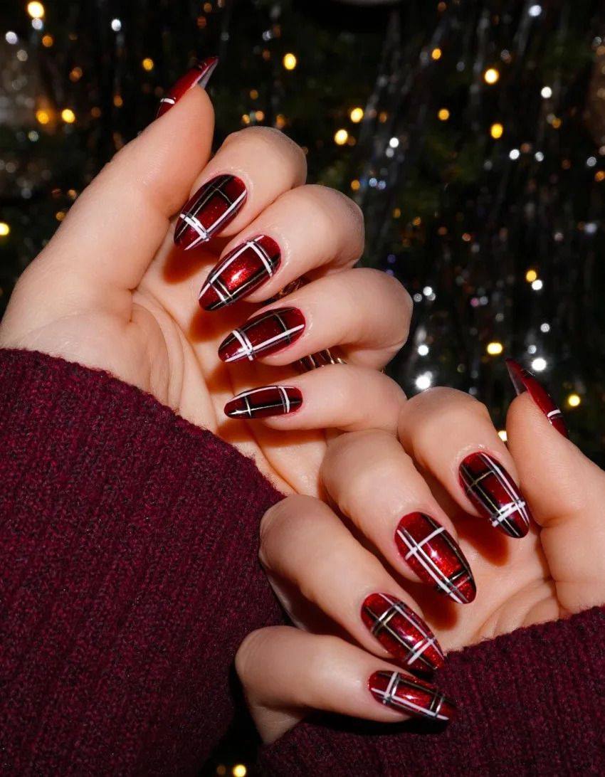 Plaid Pattern White Lines Visual Idea Plaid Pattern White Lines Visual Idea β Cherry Red Christmas Nails 2026