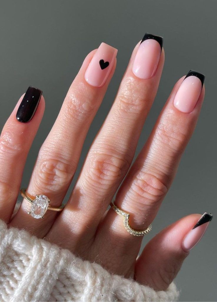 Sheer Pink with Black French and Heart Sheer Pink with Black French and Heart β Black Cherry Nails