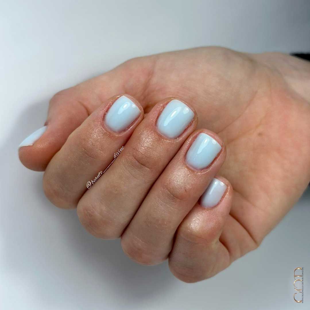 Milky Blue Grey Glossy Short Square Nails — Winter Nail Colors for Pale Skin