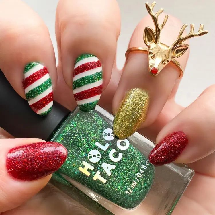 Full Glitter Red and Green Ovals — Red and Green Christmas Nails 2026